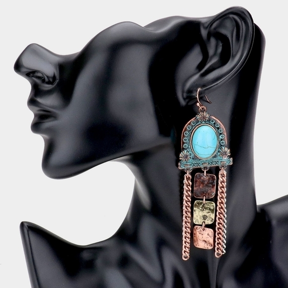 NWT Turquoise Antique Metal Bohemian Western Chain Dangle Earrings - Picture 7 of 7